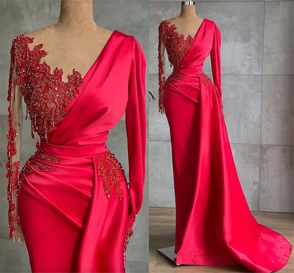 2023 artı boyutu Arapça Aso Ebi kırmızı seksi lüks balo elbiseleri dantel boncuk kristalleri akşam resmi parti ikinci resepsiyon önlükleri