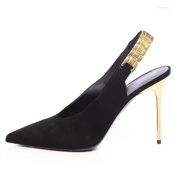 Sapatos de vestido preto ouro slingback bombas mulheres elegante apontou toe camurça saltos 10cm noite tamanho grande 14