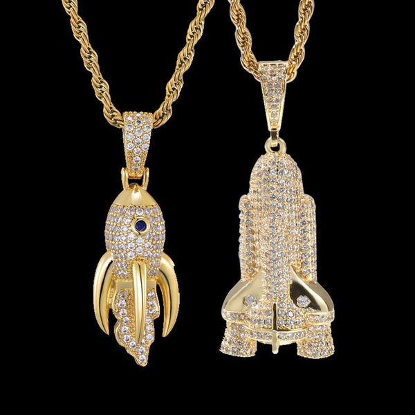Nova moda personalizado caras banhado a ouro masculino bling foguete navio pingente colar correntes hip hop gelado fora rock rapper jóias gift257g