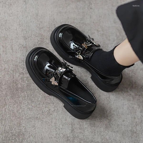 Kleid Schuhe Plattform Loafers Frauen Britischen College Stil Leder Schwarz Schleifen Dicken Boden Runde Zehe Slip On 2023