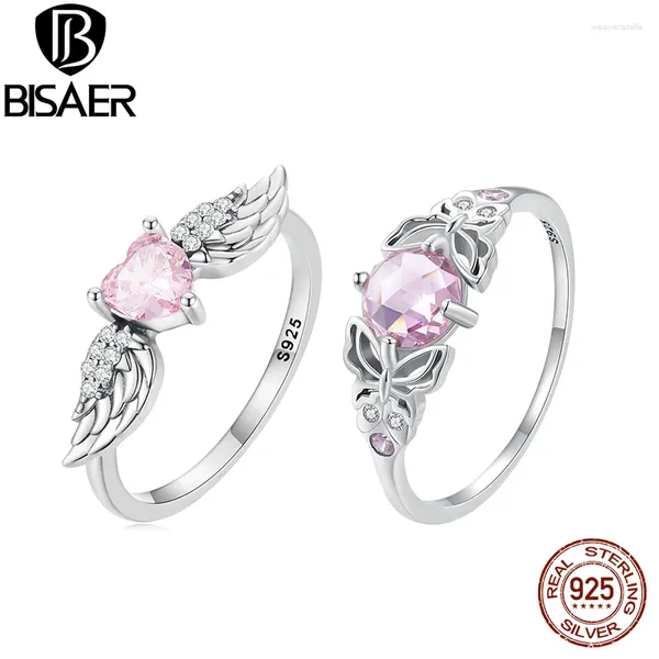 Cluster-Ringe BISAER 925 Sterling Silber Rosa Schmetterling Ring Flügel Herz CZ Versprechen Band vergoldet Platin für Frauen Party Original Fein