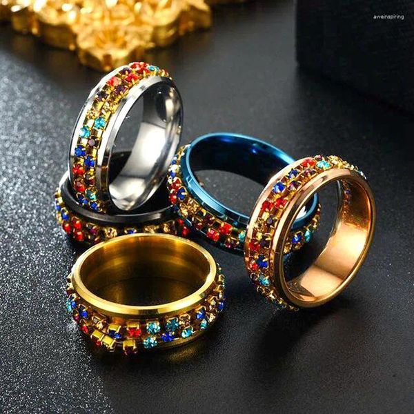 Anéis de casamento de aço inoxidável anel de ansiedade para mulheres homens spinner fidgets inlay multicolor zircônia anti stress rock biker jóias