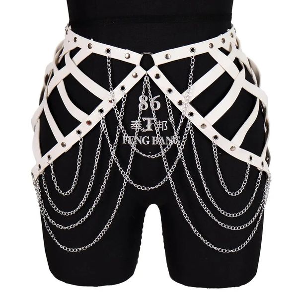 Altri accessori moda Gonna bianca Pettorina in pelle Catena Cintura in metallo Punk Goth Abito lingerie sexy Scava fuori Reggicalze Corpo Harajuku Dance Rave 231013