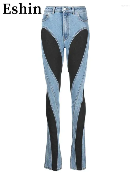 Jeans femininos eshin moda mulheres magro desconstruir painéis retalhos cintura alta split azul longo denim calças outono 2023 th3141