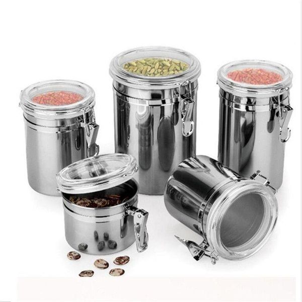 Aço inoxidável selado canister café farinha açúcar recipiente titular latas potes garrafas de armazenamento jar transparente capa kjgpp