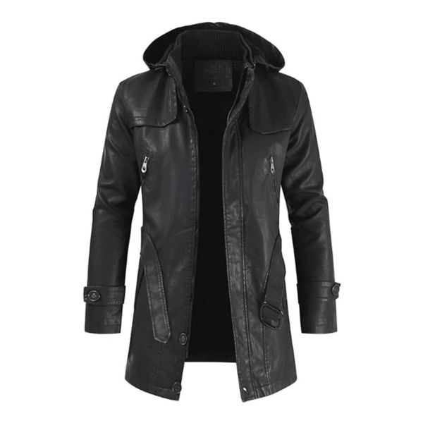 Männer Trenchcoats 2023 Herbst Mit Kapuze Winter Leder Lange Mantel Motorrad Jacken Trendy Fleece Warme Bequeme Windjacke 231012