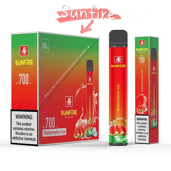 Çin Fabrikası Toptan TPD Sertifikalı Sunfire Bar Teknerap Ateşli Vape E Sigara 600 700 800 Puflar Mini Şarj Edilebilir E CIG 0% 2% 5% 5 Mesh Bobin Özelleştirilmiş Buhar Eu UK