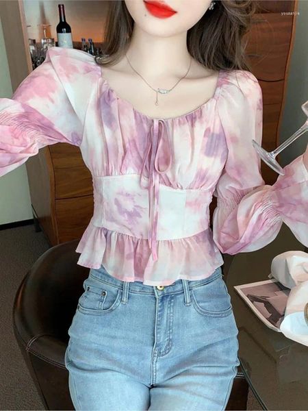 Женские блузки 2023, летняя шифоновая рубашка на одно плечо с цветочным принтом, дизайн с чувственной талией, французский квадратный вырез с пышными рукавами, сладкий темпераментный топ