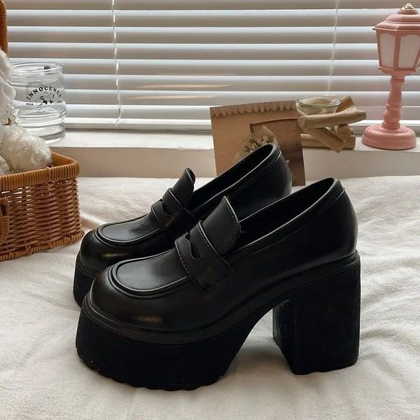 Abendschuhe, klobige Plateau-Müßiggänger, Absatz, Lackleder, Slip-On, lässig, für Damen, Damen, Büro, japanischer Stil, schwarz, 10 cm Absätze, Pumps 231013