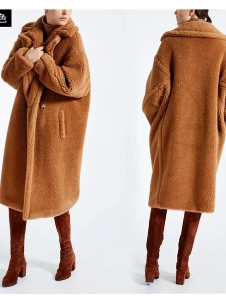 Frauen Pelz 2023 Revers Faux FurWomen Warme Lange Mantel Frauen Hülse Dicken Teddybär Weibliche Beiläufige Lose Oversize Outwears