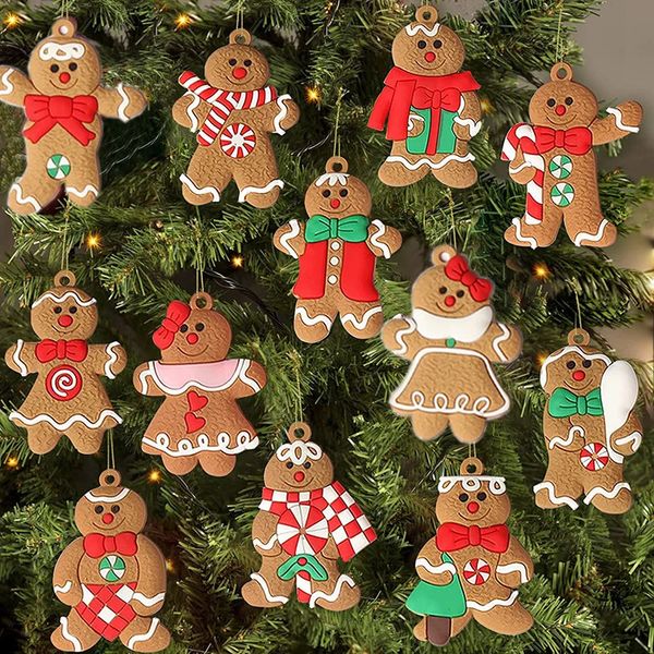 Decorações de Natal 12 peças enfeites de boneco de gengibre para árvore de Natal, enfeites de estatuetas de plástico variadas para decorações suspensas de árvore de Natal 231013