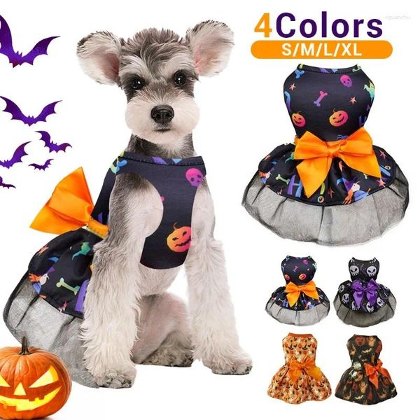 Vestuário para cães Roupas de Halloween Roupas engraçadas para animais de estimação Vestido de abóbora Impressão Chihuahua Yorkie Bow Malha Roupas de festa Traje de gato