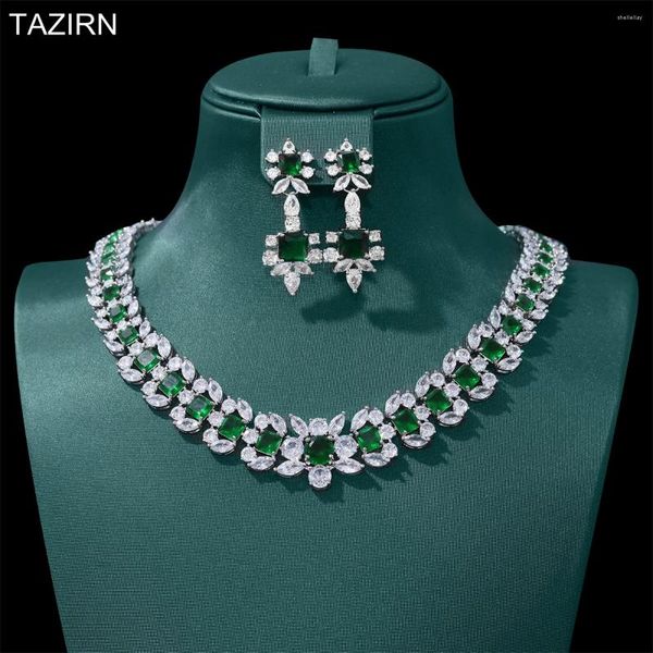 Set di orecchini e collana TAZIRN 2 pezzi da sposa con zirconi completi per le donne, feste di ballo di lusso, Dubai, Nigeria, regali di nozze in cristallo CZ