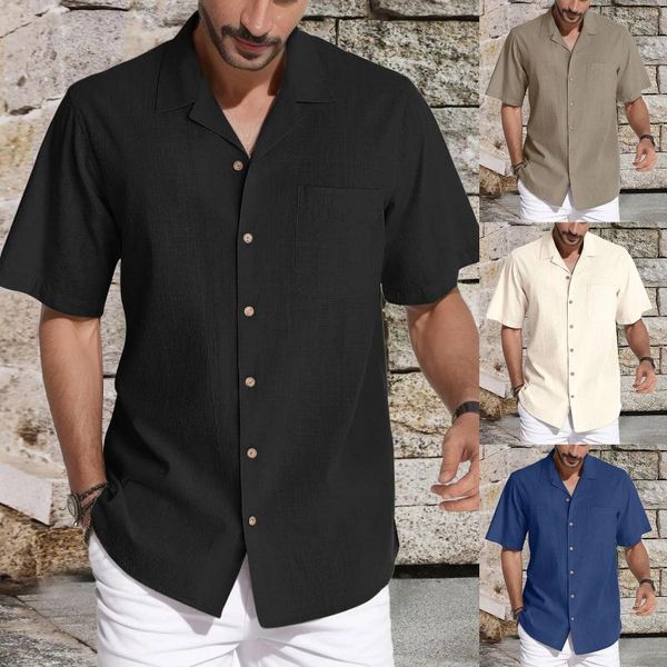 Camisas casuais masculinas verão britânico homens algodão solto de manga curta moda urbana lapela cor sólida top preto cáqui diário