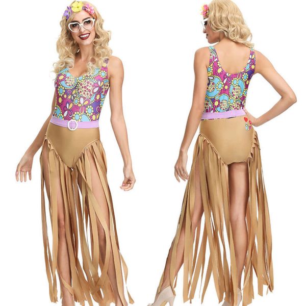 Retro S Costume hippie da discoteca europeo e americano Halloween Cosplay Donna Tuta sexy con nappa per ballerino hip-hop