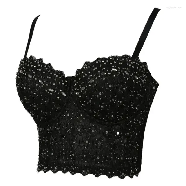 Tanques femininos Mulheres Sexy Bordado Lace Bustier Crop Top Spaghetti Strap Push Up Bralette Glitter Lantejoulas Strass Corset Bra Colete