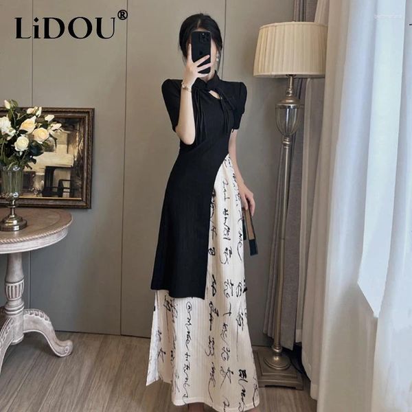 Vestidos de trabalho verão moda estilo chinês rendas até arco top floral impressão saia terno senhoras irregular camiseta duas peças conjunto feminino