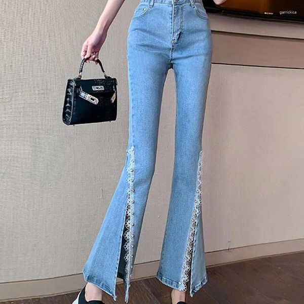 Damen Jeans Flare Spitze aushöhlen Knopf Reißverschluss einfarbig Patchwork modische Hosen schlanke Tasche Frühling Sommer Kleidung