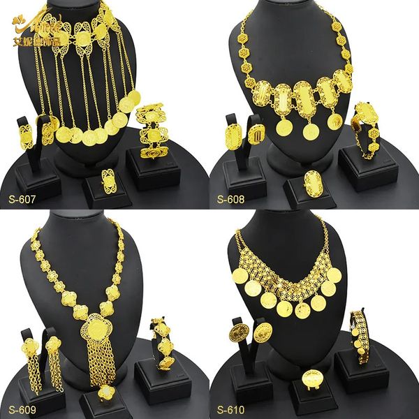 Conjuntos de jóias de casamento ANIID Índia Cor de Ouro Rodada Moeda Colar Pulseira Brinco Anel Para Mulheres Jóias De Noiva Dubai Africano 231012