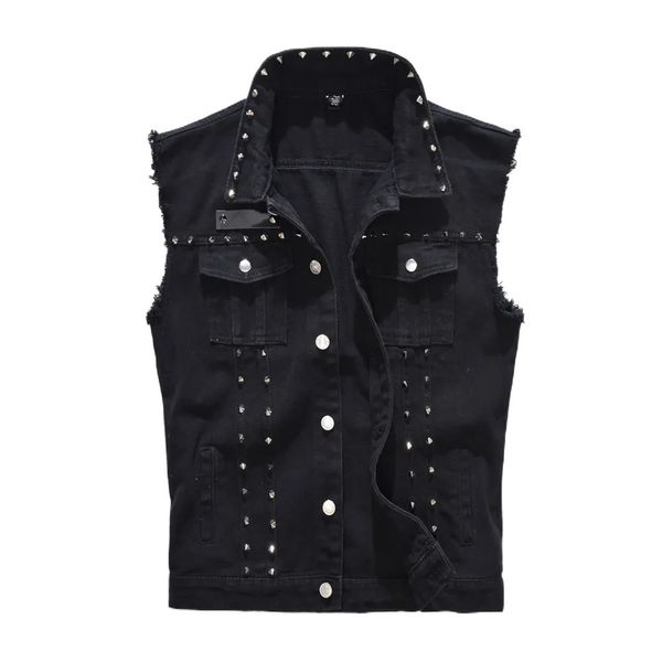 Gilet da uomo Gilet di jeans da uomo Punk Rock Rivetto Cowboy Jeans neri Gilet Moda uomo Giacca di jeans senza maniche stile moto M-6XL 231012