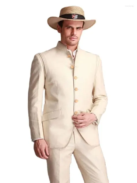 Мужские костюмы, 2 шт., простой модный воротник-стойка, бежевый мужской костюм для пляжа, свадьбы, отдыха, костюм Homme на заказ (куртка, брюки)