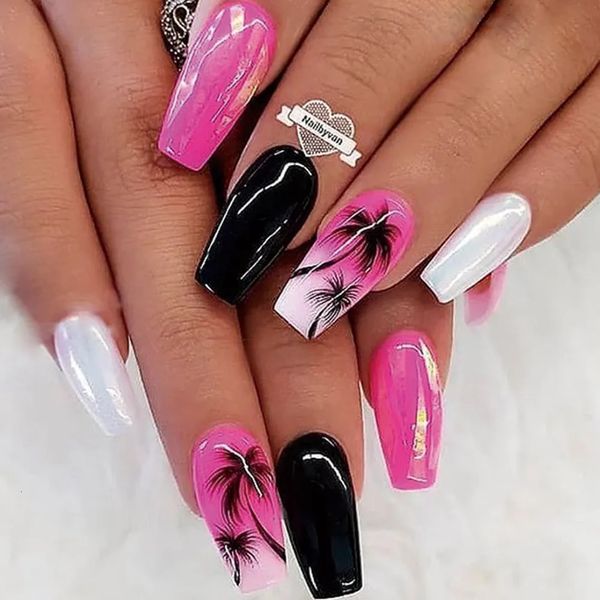 Falsas unhas 24 pcs rosa vermelho preto contraste cor coqueiro pérola branco francês falso bailarina caixão manicure ferramenta 231013