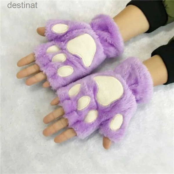 Guanti a cinque dita Guanti per gatti da donna Kawaii Guanti per ragazze di moda con artiglio di gatto Zampa di peluche Guanti invernali caldi e morbidi in peluche senza dita L231015