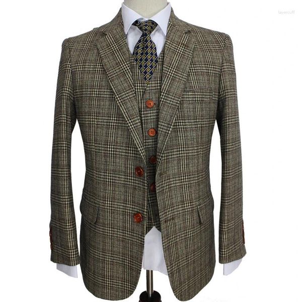 Ternos masculinos homens terno marrom retro xadrez noivo smoking feito sob encomenda fino ajuste casamento para blazer alfaiate jaqueta colete com calças