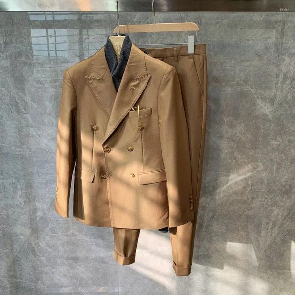 Ternos masculinos retrô jaqueta na moda coreano sólido encaixe duplo breasted moda 2 peças conjunto mais recente casaco calça designs vintage