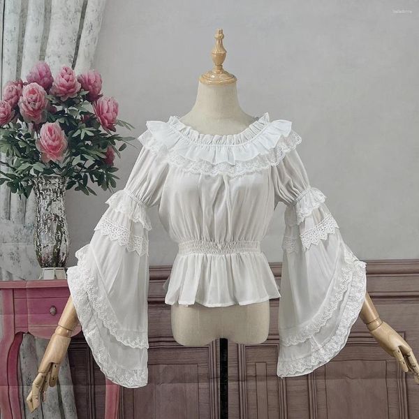 Camicette da donna Camicie Lolita vintage Donna Kawaii Volant in pizzo O-Collo Manica svasata Top in chiffon Girly Dolce Elegante Principessa vittoriana