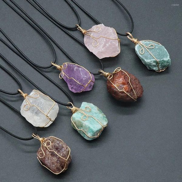 Colares Pingente Pedra Natural Raw Winding Colar Ágata Rosa Quartz Fluorite Para Mulheres Charme Jóias Presente