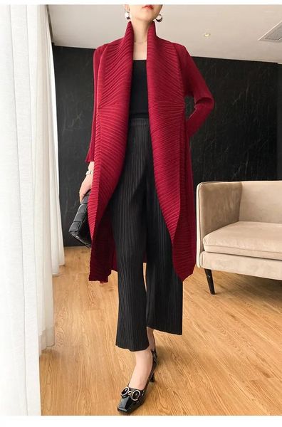 Trench da donna ALSEY Miyake Giacca lunga da donna a pieghe Semplice colletto rovesciato Penna a punto manica Giacca a vento Cardigan oversize ampio