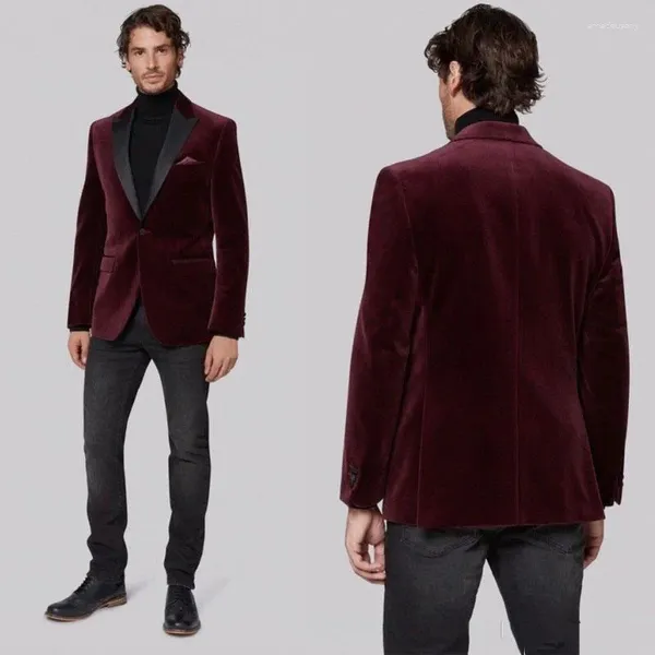 Ternos masculinos personalizados de veludo borgonha, jaqueta para casamento, smoking, preto, lapela repicada, blazers, 2 peças, terno masculino