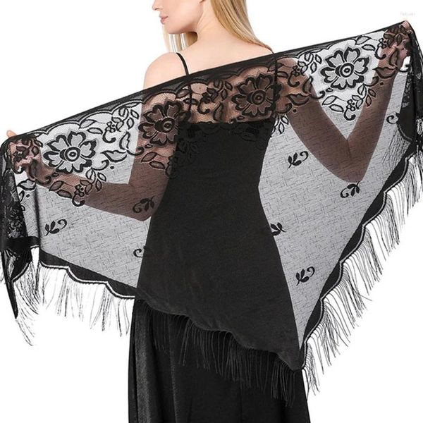 Sciarpe Donna Nappe in pizzo Sciarpa a triangolo Sheer Scava Fuori Traspirante Frangia lunga Hijab musulmano Abito da sera in tinta unita Scialle