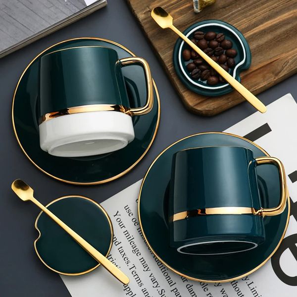 Canecas Simples Modern Cerâmica Pires Colher Set Gold Rim Metal Tea Cup Vintage Reutilizável Tazas de Café Drinkware Café 231013