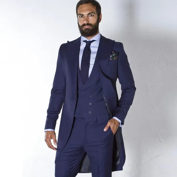 Erkekler Suits Vintage lacivert Trailcoat Erkekler için Özel Yapımlı Damat Smokedos Adam Uzun Blazer 3preep Terno Maskulino Sağdı