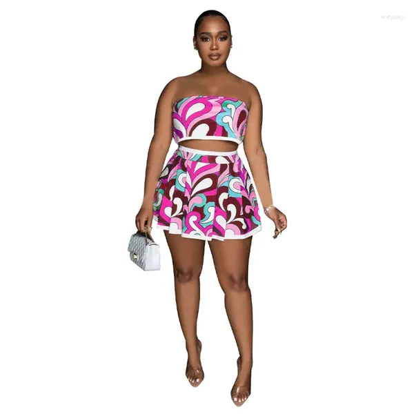 Werkjurken Zomer Sexy Print Vrouwen Tweedelige Sets Mouwloze Strapless Tube Top En Mini Geplooide A-lijn Shorts Rok Party Club Set