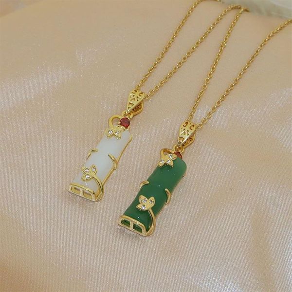 Grüne Jade-Knoten-Titan-Stahl-Halskette, weibliche Mode, wohlhabende Bambus-Schlüsselbeinkette, einfacher ethnischer Stil, Schmuck305p