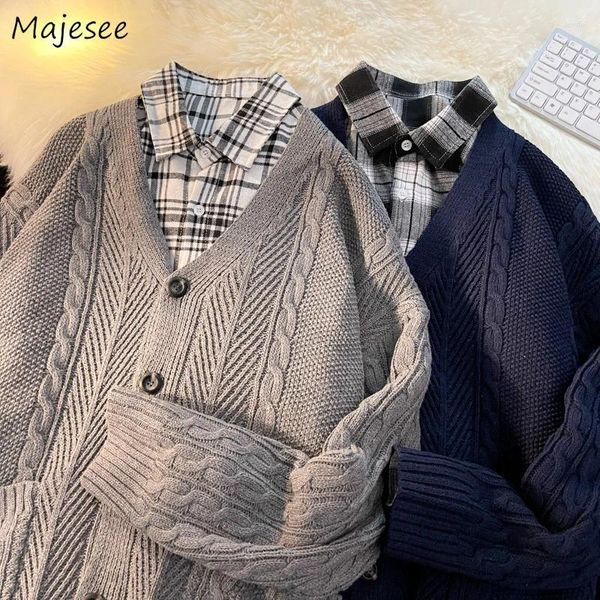 Camisolas masculinas cinza cardigan homens vintage japaese outono tricô outwear com decote em v único breasted casal baggy cardigans masculino