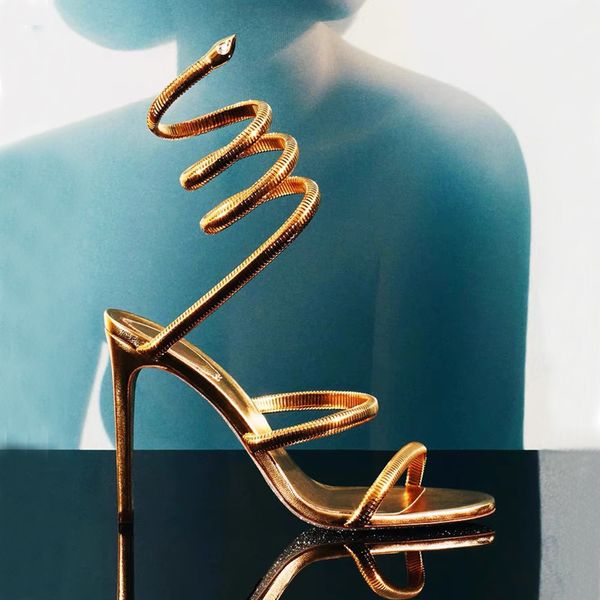 Новые сандалии Rene caovilla, украшенные металлической корой, змеиными стразами, на шпильке, босоножки на каблуке, вечерние женские туфли на высоком каблуке, роскошные дизайнерские туфли с запахом лодыжки