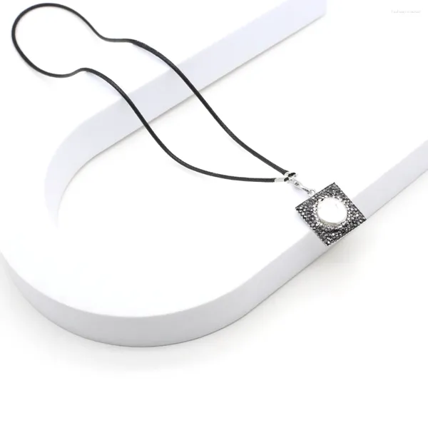 Anhänger Halsketten 20x22mm Natürliche Quadrat Stick Schwarz Strass Halskette Amulett Neckalce Für Frauen Schmuck 45 cm Lederband