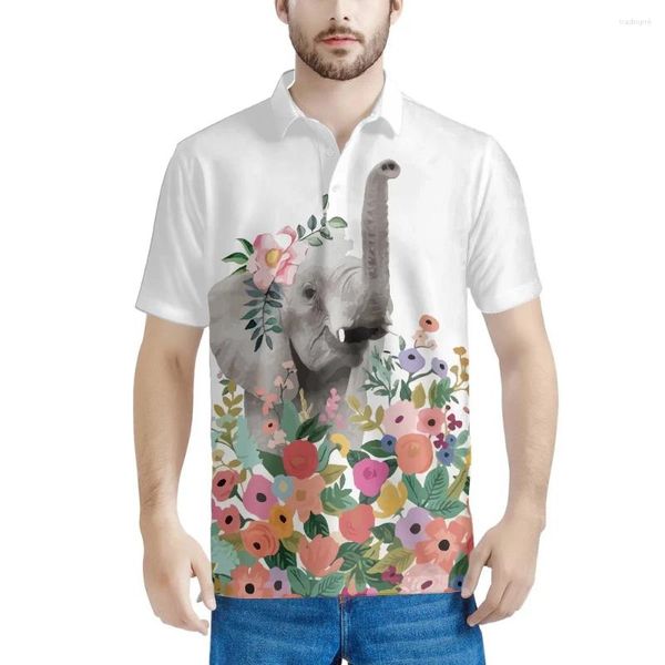 Polos masculinos padrões interessantes elefantes flor rosa casual mens manga curta polo camisas turn-down design homens roupas de rua festa de praia