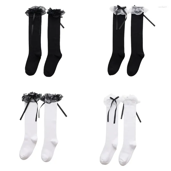 Meias masculinas mulheres meninas lolita algodão joelho alto longo doce babados laço guarnição bowknot japonês kawaii meias cosplay meias