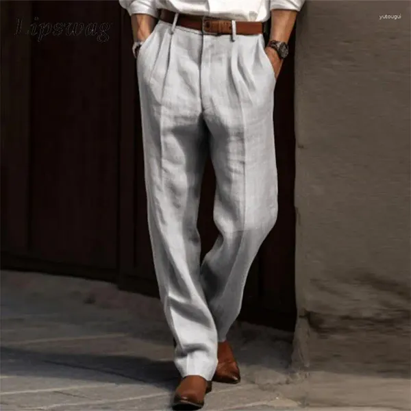 Calças masculinas de algodão linho homens negócios casual moda fina terno calças outono vintage mens cor sólida design plissado cintura