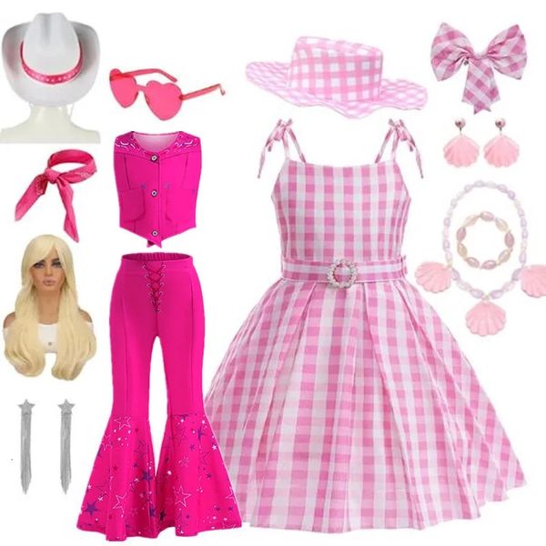 Vestidos da menina filme barbi festa de halloween cosplay traje arco sem mangas vintage rosa xadrez vestido rosa top queimado calças meninas conjunto de roupas 231013