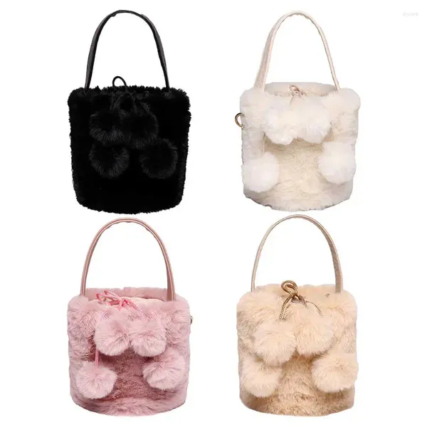 Sacos de noite Mulheres Saco de balde peludo com pom poms Faux Fur Satchel Cordão Bonito Sling Versátil Casual Namoro