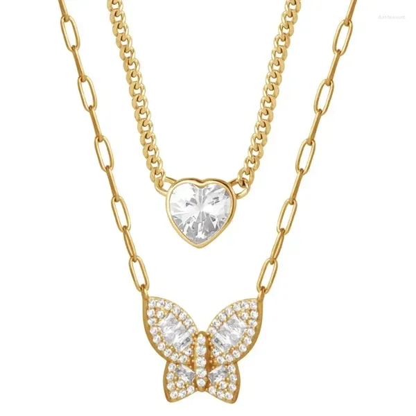 Anhänger-Halsketten Damen-Halsketten-Set aus Sterlingsilber mit CZ-Gelbvergoldung, Herz- und Schmetterlings-Halsketten-Set, 45,7 cm