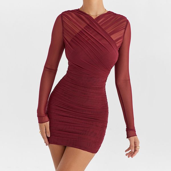 İki katman örgü sıska seksi mini elbise kadın fermuarlı şeffaf uzun kollu sırtsız bodycon gece kulübü parti elbise vestidos