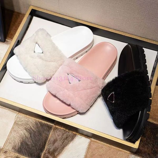 Triângulo logotipo chinelos designer bordado sandálias de lã casual inverno quente slide prad sapatos femininos luxo mulheres senhoras casa interior plana flip flop