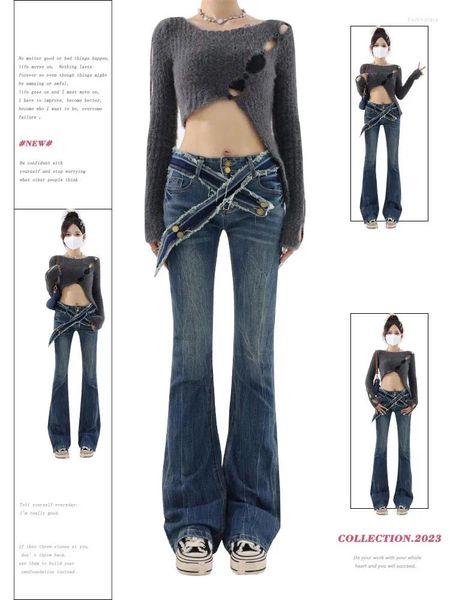 Damen Jeans Frauen Blau Flare 2000er Jahre Y2k Retro Ästhetische Denim Hosen Vintage Harajuku Hohe Taille Breites Bein Cowboy mit Gürtel Kleidung